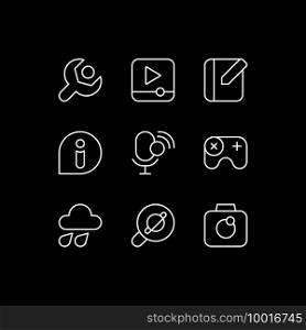 Smartphone interface white linear icons set for dark theme. Videos playing. Notebook application. Night mode customizable thin line symbols. Isolated vector outline illustrations. Editable stroke. Smartphone interface white linear icons set for dark theme