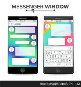 Smartphone Isolated On White Background. Messenger Window. Mobile App For Talking. Speech Bubbles. Vector Illustration. Cell Phone Chat. Chatting And Messaging Concept. Chat Boxes. Text Bubbles And User Interface. Vector Illustration
