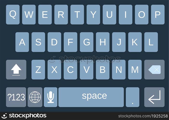 Smartphone keyboard, alphabet buttons vector illustration flat style. Smartphone keyboard, alphabet buttons