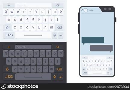 Smartphone keyboard. Numbers and letters for smartphone ui dark and white theme typing buttons garish vector template. Touchscreen communication, screen digital interface illustration. Smartphone keyboard. Numbers and letters for smartphone ui dark and white theme typing buttons garish vector template