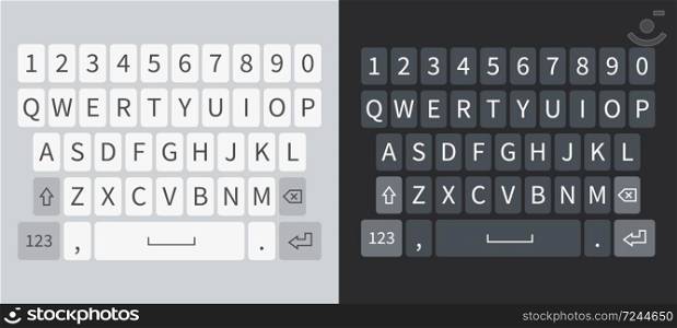 Smartphone keyboard. White and black realistic keyboards mobile phone, buttons english alphabet on screen device. Ui keypad mockup vector isolated set. Smartphone keyboard. White and black keyboards mobile phone, buttons alphabet on screen device. Ui keypad mockup vector set
