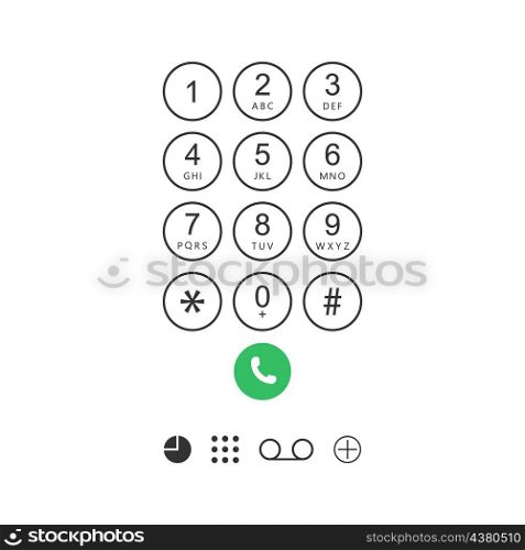 Smartphone keypad. Numbers with dial on phone screen for call. Cellphone with keyboard for mobile connection. Design of smart interface on display. Isolated icon from telephone. Vector.