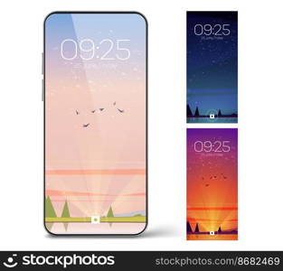 Smartphone lock screen with day and night landscape. Mobile phone onboard page with date and time, natural wallpapers background for cellphone device, Cartoon user interface design set. Smartphone lock screen with landscape