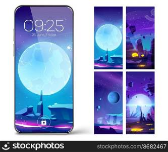 Smartphone lock screen with space, alien planets landscape. Mobile phone onboard page with date and time, digital cosmic wallpapers background for cellphone device, Cartoon user interface design set. Smartphone lock screen with space, alien planets