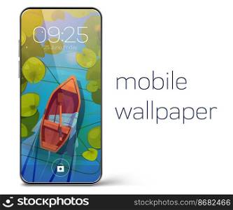 Smartphone lock screen with wooden boat on pond with water lily leaves. Mobile phone onboard page with date and time, natural wallpapers background for cellphone device, Cartoon user interface design. Smartphone lock screen with with wooden boat