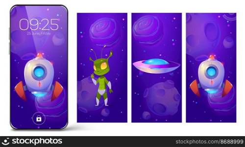 Smartphone lock screens with cartoon alien, rocket and ufo saucer in space. Mobile phone onboard pages, wallpaper with date, week day and time, Cosmic background for digital device, interface design. Smartphone lock screens with cartoon alien, rocket