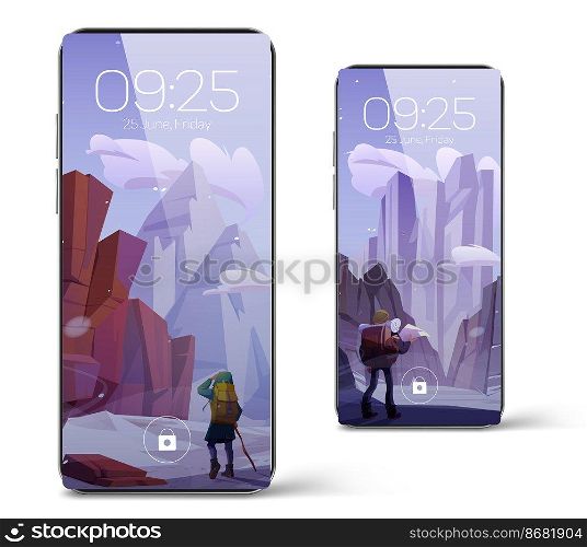 Smartphone lock screens with traveler in winter mountains landscape. Mobile phone onboard page with date, week day and time, background for digital device application. Cartoon user interface design. Smartphone lock screens with traveler in mountains