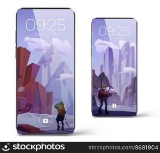 Smartphone lock screens with traveler in winter mountains landscape. Mobile phone onboard page with date, week day and time, background for digital device application. Cartoon user interface design. Smartphone lock screens with traveler in mountains