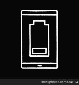 Smartphone low battery chalk icon. Discharged mobile phone. Battery level indicator. Isolated vector chalkboard illustrations. Smartphone low battery chalk icon