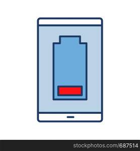 Smartphone low battery color icon. Discharged mobile phone. Battery level indicator. Isolated vector illustration. Smartphone low battery color icon
