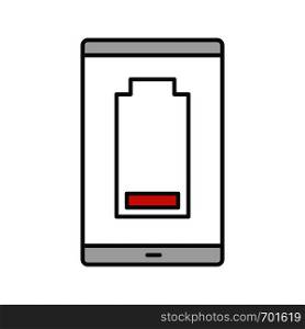 Smartphone low battery color icon. Discharged mobile phone. Battery level indicator. Isolated vector illustration. Smartphone low battery color icon