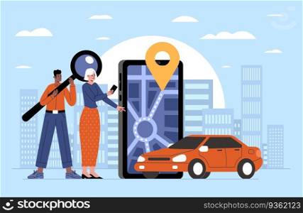 Smartphone map. Route search. Car sharing service. People looking for free automobile through mobile app. Suitable auto selection. Phone application. City traffic. Roadmap navigation. Vector concept. Smartphone map. Route search. Car sharing service. People looking for free automobile through mobile app. Suitable auto selection. Phone application. Roadmap navigation. Vector concept