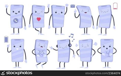 Smartphone mascots. Cute mobile phone cartoon characters. Different poses and emotions. Happy gadget. Funny faces expressions. Upset devices. Cellphones with legs and hands. Vector telephones set. Smartphone mascots. Mobile phone cartoon characters. Different poses and emotions. Funny faces expressions. Happy and upset devices. Cellphones with legs and hands. Vector telephones set