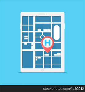Smartphone navigation with symbol map pointer medical hospital on map. Flat design vector illustration