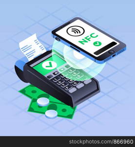 Smartphone nfc payment concept background. Isometric illustration of smartphone nfc payment vector concept background for web design. Smartphone nfc payment concept background, isometric style