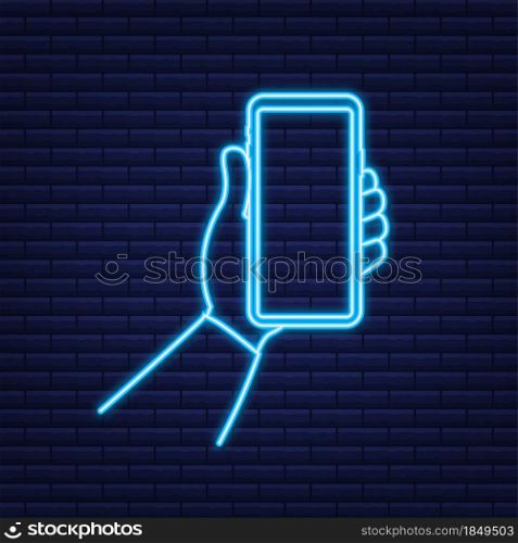 Smartphone on hand. Telephone icon. Neon icon. Touchscreen, Phone display. Cell phone. Vector illustration. Smartphone on hand. Telephone icon. Neon icon. Touchscreen, Phone display. Cell phone. Vector illustration.