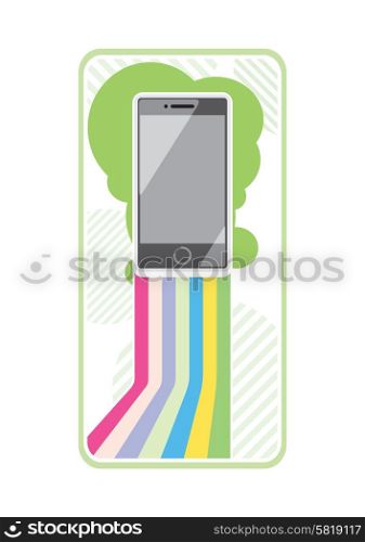 Smartphone on stylish background of colored bands of lines. Interactive mobile smart tv concept cartoon design style