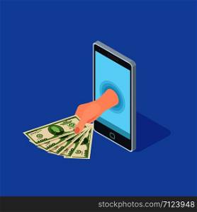 Smartphone online banking vector concept. Hand hold money - isometric banking design. Illustration of mobile banking, hand with banknote cash. Smartphone online banking vector concept. Hand hold money - isometric banking design