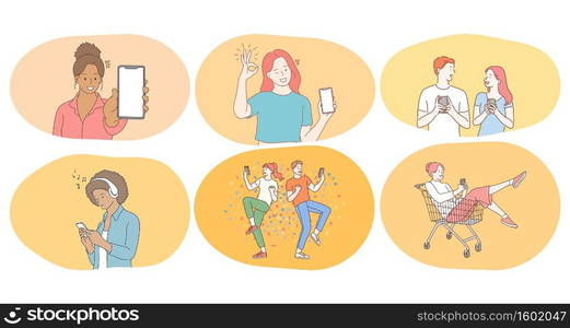 Smartphone, online communication, chatting concept. Young teen people friends cartoon characters listening to music, showing screen, chatting and making orders online on smartphones illustration . Smartphone, online communication, chatting concept