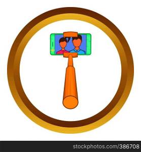 Smartphone photographs on selfie stick vector icon in golden circle, cartoon style isolated on white background. Smartphone photographs on selfie stick vector icon