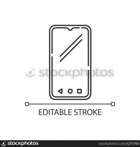 Smartphone pixel perfect linear icon. Mobile, cell phone. Pocket personal computer. Telephone. Thin line customizable illustration. Contour symbol. Vector isolated outline drawing. Editable stroke