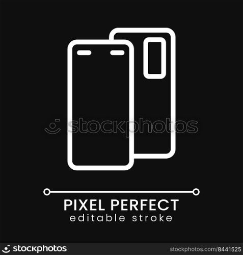 Smartphone pixel perfect white linear icon for dark theme. Mobile device for communication. Cellphone model. Thin line illustration. Isolated symbol for night mode. Editable stroke. Poppins font used. Smartphone pixel perfect white linear icon for dark theme