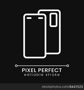 Smartphone pixel perfect white linear icon for dark theme. Mobile device for communication. Cellphone model. Thin line illustration. Isolated symbol for night mode. Editable stroke. Poppins font used. Smartphone pixel perfect white linear icon for dark theme