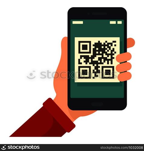 Smartphone qr code in hand icon. Flat illustration of smartphone qr code in hand vector icon for web design. Smartphone qr code in hand icon, flat style
