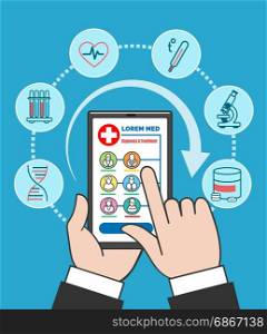 Smartphone remote medical care. Smartphone remote medical care vector illustration. People mobile phone healthcare and medical consultation. Doctors on device screen