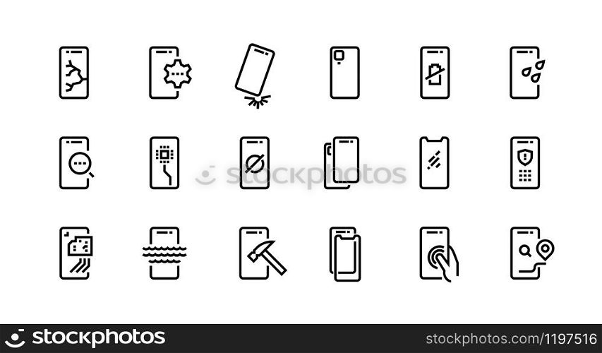 Smartphone repair icons. Dropped phone with cracked screen, broken tempered glass protection, water resistance. Vector set icon cell phones with possible problem and fix it. Smartphone repair icons. Dropped phone with cracked screen, broken tempered glass protection, water resistance. Vector set
