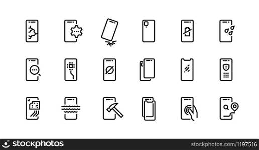 Smartphone repair icons. Dropped phone with cracked screen, broken tempered glass protection, water resistance. Vector set icon cell phones with possible problem and fix it. Smartphone repair icons. Dropped phone with cracked screen, broken tempered glass protection, water resistance. Vector set