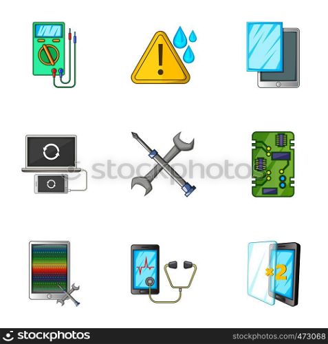 Smartphone repair icons set. Cartoon set of 9 smartphone repair vector icons for web isolated on white background. Smartphone repair icons set, cartoon style