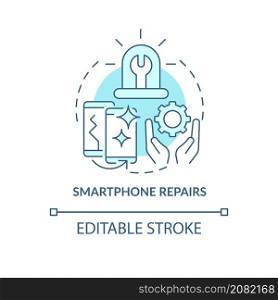 Smartphone repair turquoise concept icon. Portable device. Type of service abstract idea thin line illustration. Isolated outline drawing. Editable stroke. Roboto-Medium, Myriad Pro-Bold fonts used. Smartphone repair turquoise concept icon