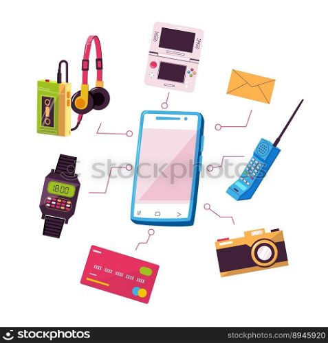 Smartphone replaced devices. Mobile phone multipurpose functionality in comparison with retro analog devices, nostalgic 90s concept. Vector illustration of replacement 90s gadget. Smartphone replaced devices. Mobile phone multipurpose functionality in comparison with retro analog devices, nostalgic 90s concept. Vector illustration