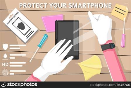 Smartphone safety glass composition with text and flat images of protective screen kit essentials with tips vector illustration