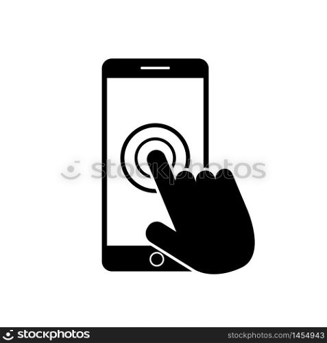 Smartphone screen icon with hand. Open touch screen by finger.Black mobile phone icon. Flat phone icon with screen. vector illustration eps10. Smartphone screen icon with hand. Open touch screen by finger.Black mobile phone icon. Flat phone icon with screen. vector illustration