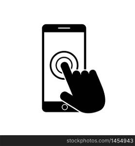 Smartphone screen icon with hand. Open touch screen by finger.Black mobile phone icon. Flat phone icon with screen. vector illustration eps10. Smartphone screen icon with hand. Open touch screen by finger.Black mobile phone icon. Flat phone icon with screen. vector illustration