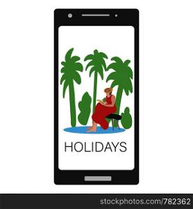 Smartphone screen with a girl drawing or reading on a bench by palm trees. Holidays. . Smartphone screen with a girl drawing or reading on a bench by palm trees. Holidays