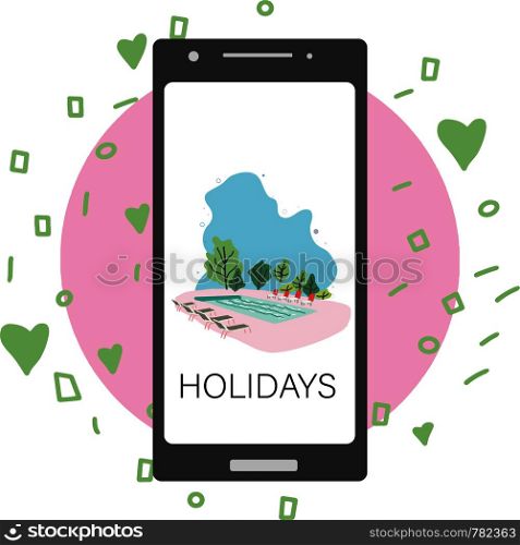 Smartphone screen with a view of a holiday resort swimming pool. Note Holidays.. Smartphone screen with a view of a holiday resort swimming pool. Note Holidays.