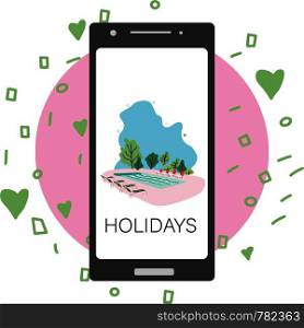 Smartphone screen with a view of a holiday resort swimming pool. Note Holidays.. Smartphone screen with a view of a holiday resort swimming pool. Note Holidays.