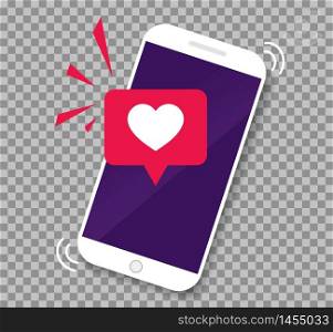 Smartphone screen with get message of heart emoji speech bubble.Phone app with icon like. Mobile call with love heart on transparenr background. vector illlustration. Smartphone screen with get message of heart emoji speech bubble.Phone app with icon like. Mobile call with love heart. vector
