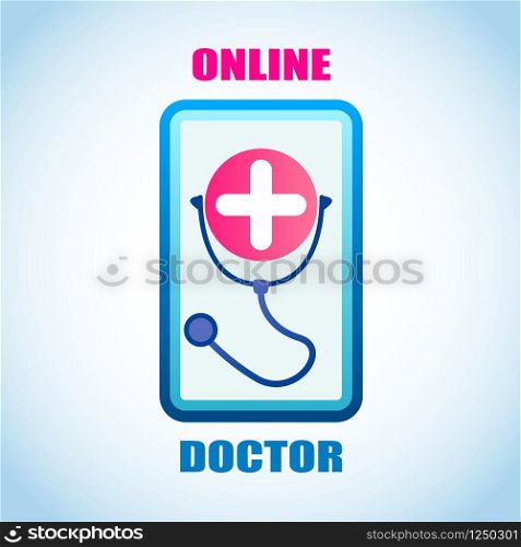 Smartphone Screen with Medical Institution Symbol. Illustration Device for Connection Online Doctor. Call Medical Specialist. Stethoscope Entwined Red Circle White Cross. Isolated on White Background