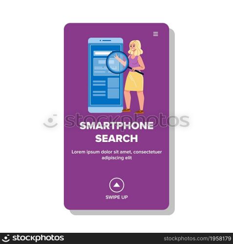 Smartphone Search System Use Young Woman Vector. Girl With Magnifier Smartphone Search Digital Document Or Media File. Character Searching Information On Device Web Flat Cartoon Illustration. Smartphone Search System Use Young Woman Vector
