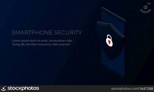 Smartphone security. Isometric vector illustration. Realistic phone device with shield and lock on a dark background. Mobile protection and antivirus security concept