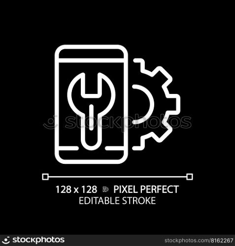 Smartphone settings pixel perfect white linear icon for dark theme. Mobile phone configuration. Personalize device. Thin line illustration. Isolated symbol for night mode. Editable stroke. Smartphone settings pixel perfect white linear icon for dark theme