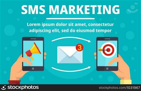 Smartphone sms marketing concept banner. Flat illustration of smartphone sms marketing vector concept banner for web design. Smartphone sms marketing concept banner, flat style