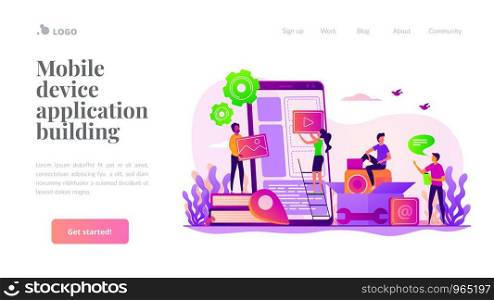 Smartphone software, UI interface construction. Mobile app development, mobile device application building, app development software concept. Website homepage header landing web page template.. Mobile application development landing page template