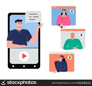 Smartphone streaming online. People conversation and watching and listen web webinar. Business meeting with boss, student discussion sapid vector scene of conversation online illustration. Smartphone streaming online. People conversation and watching and listen web webinar. Business meeting with boss, student discussion sapid vector scene