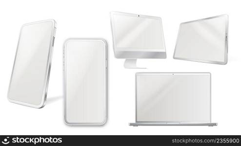Smartphone, Tablet And Laptop Display Set Vector. Mobile Smart Phone And Tablet, Notebook And Computer Monitor Digital Electronic Technology For Communication. Mockup Realistic 3d Illustrations. Smartphone, Tablet And Laptop Display Set Vector