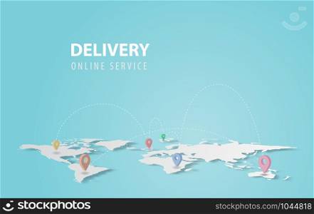 Smartphone technology application.Delivery service concept.Creative map world location network paper cut and craft style.Graphic Online transport background.Minimal blue pastel.Vector illustration